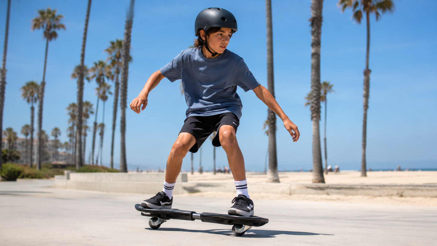 Helmeted young rider riding a Street Surfing WaveBoard